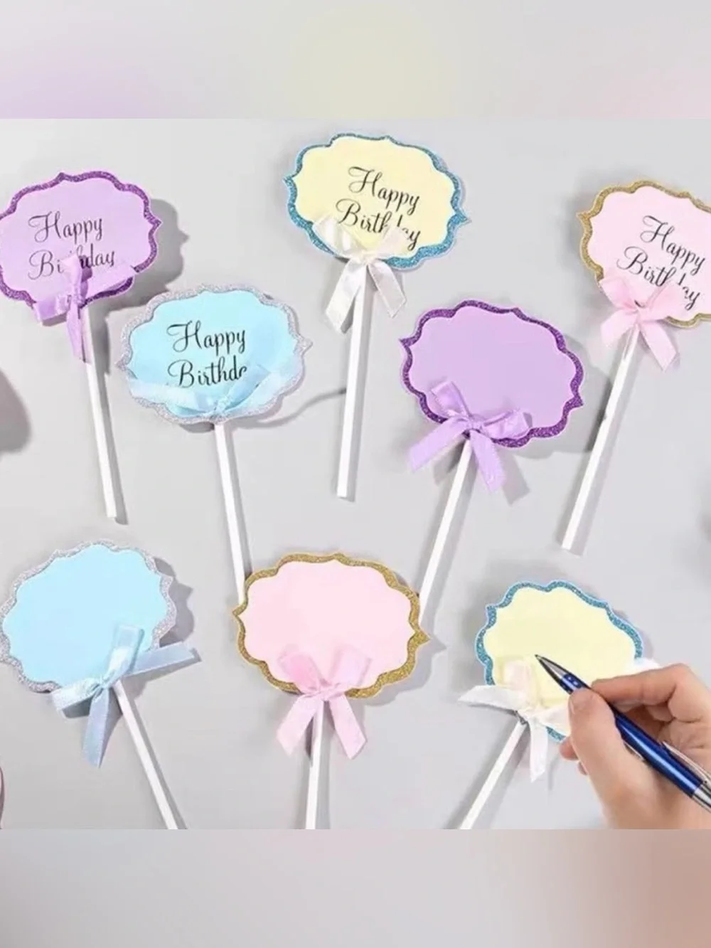 💞 New Pack of 10 Lavender & Purple Glitter Happy Birthday Cupcake & Cake Toppers